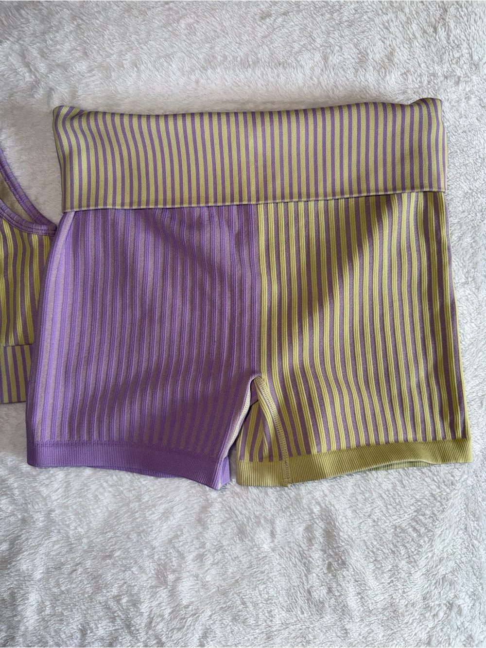 Striped Lavender & Olive Ribbed Active Set - Crop Tank + Biker Shorts - Picture 3 of 15